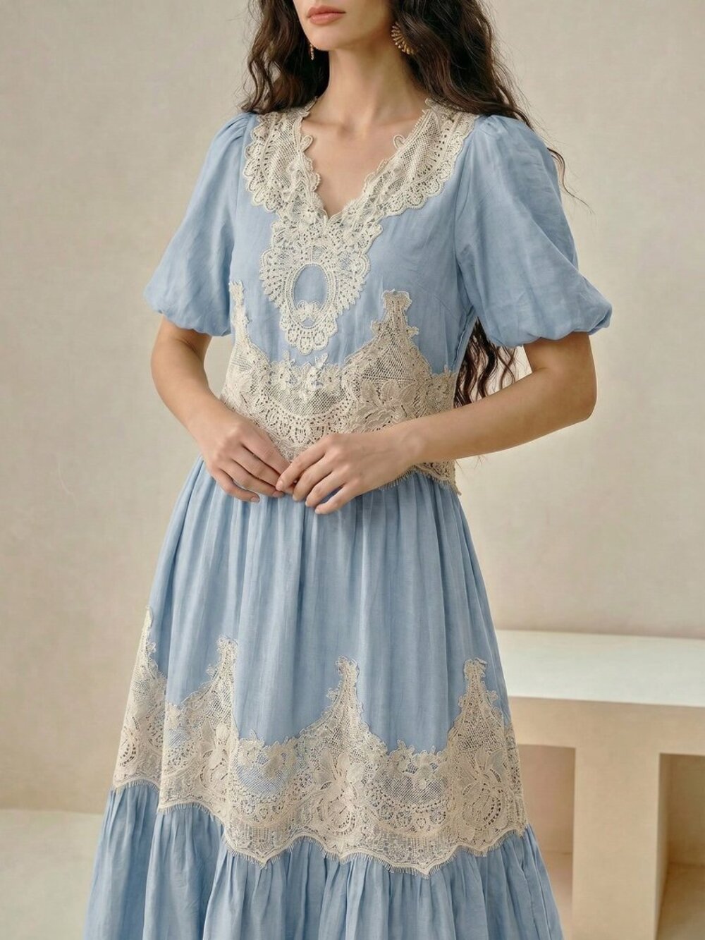 Blue Elegant Women's V-Neck Puff Sleeve Lace Patchwork Flared Skirt Set - Picture 3 of 7